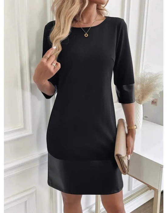 Kadın Uzun Kollu Bisiklet Yaka Deri Detaylı Ithal Krep Elbise