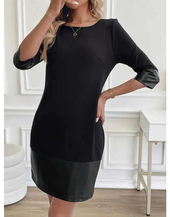 Kadın Uzun Kollu Bisiklet Yaka Deri Detaylı Ithal Krep Elbise