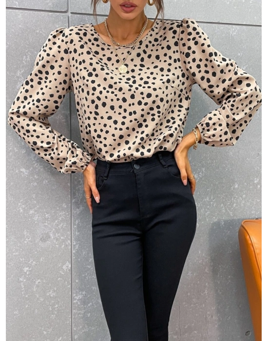 Kadın Uzun Kollu Bisiklet Yaka Desenli Bluz