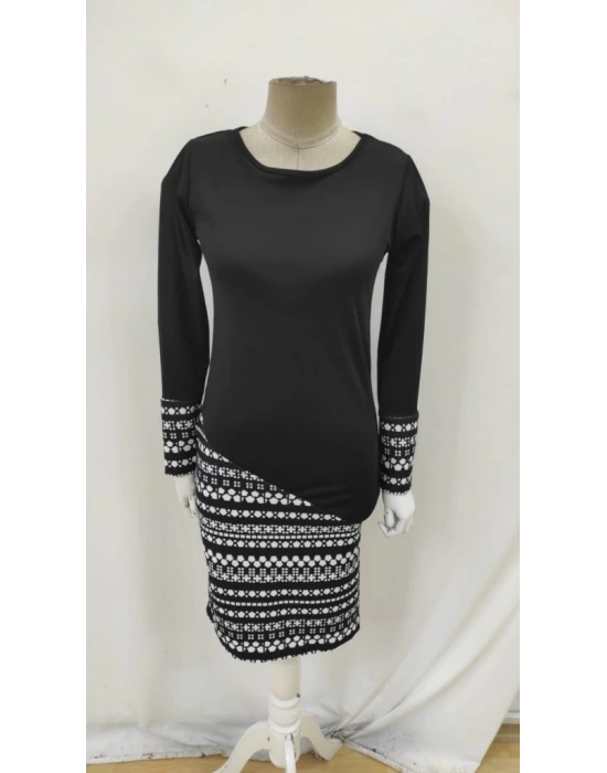 Kadın Uzun Kollu Bisiklet Yaka Desenli Dalgıç Elbise