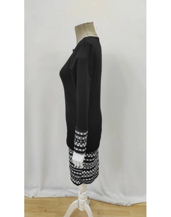 Kadın Uzun Kollu Bisiklet Yaka Desenli Dalgıç Elbise