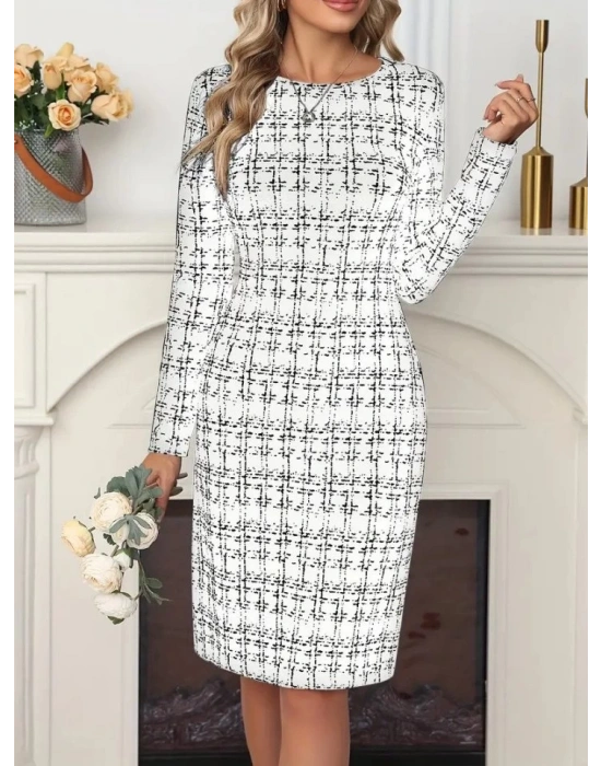Kadın Uzun Kollu Bisiklet Yaka Desenli Dalgıç Kısa Elbise