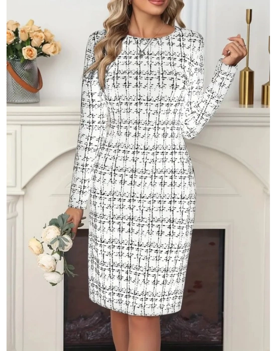Kadın Uzun Kollu Bisiklet Yaka Desenli Dalgıç Kısa Elbise