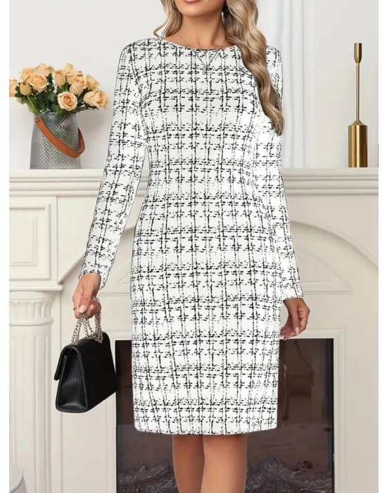 Kadın Uzun Kollu Bisiklet Yaka Desenli Dalgıç Kısa Elbise