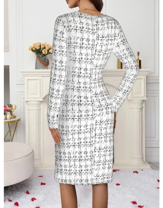 Kadın Uzun Kollu Bisiklet Yaka Desenli Dalgıç Kısa Elbise