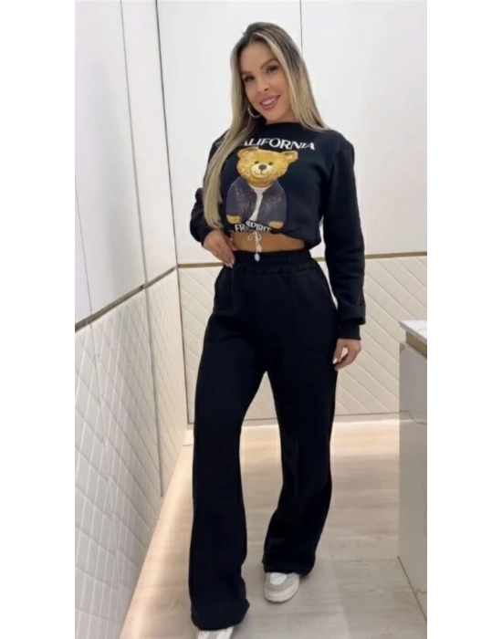 Kadın Uzun Kollu Bisiklet Yaka Desenli Iki Iplik şardonlu Bluz Ve Pantolon Ikili Takım