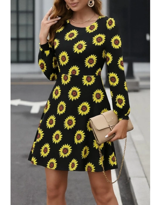 Kadın Uzun Kollu Bisiklet Yaka Desenli Kısa Krep Elbise