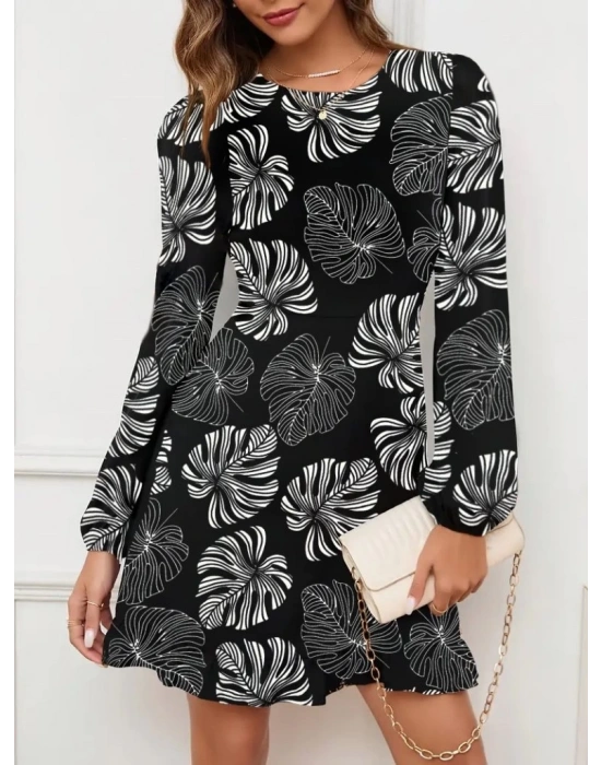 Kadın Uzun Kollu Bisiklet Yaka Desenli Kısa Krep Elbise