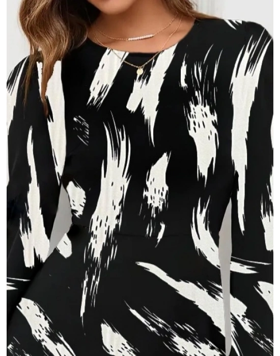 Kadın Uzun Kollu Bisiklet Yaka Desenli Kısa Krep Elbise