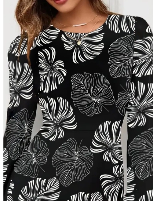 Kadın Uzun Kollu Bisiklet Yaka Desenli Kısa Krep Elbise