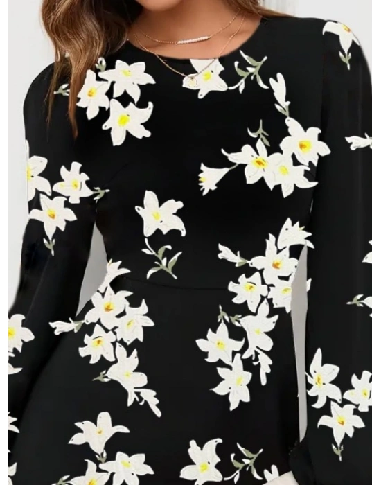 Kadın Uzun Kollu Bisiklet Yaka Desenli Kısa Krep Elbise