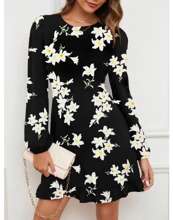 Kadın Uzun Kollu Bisiklet Yaka Desenli Kısa Krep Elbise