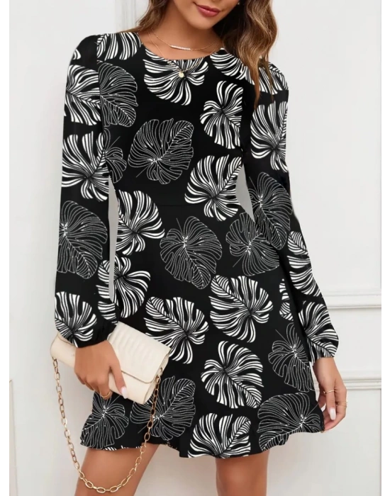 Kadın Uzun Kollu Bisiklet Yaka Desenli Kısa Krep Elbise