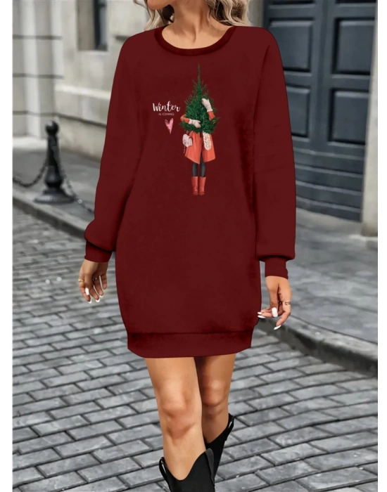 Kadın Uzun Kollu Bisiklet Yaka Desenli Kısa Viskon Iki Iplik Elbise