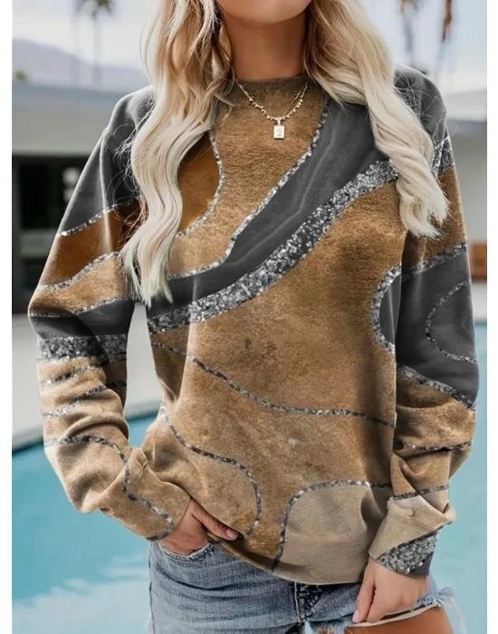 Kadın Uzun Kollu Bisiklet Yaka Desenli Modal Bluz