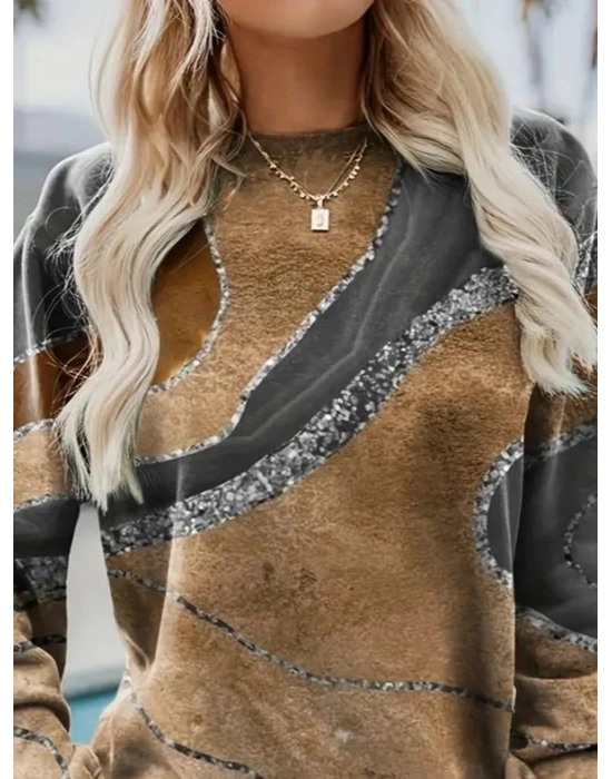 Kadın Uzun Kollu Bisiklet Yaka Desenli Modal Bluz