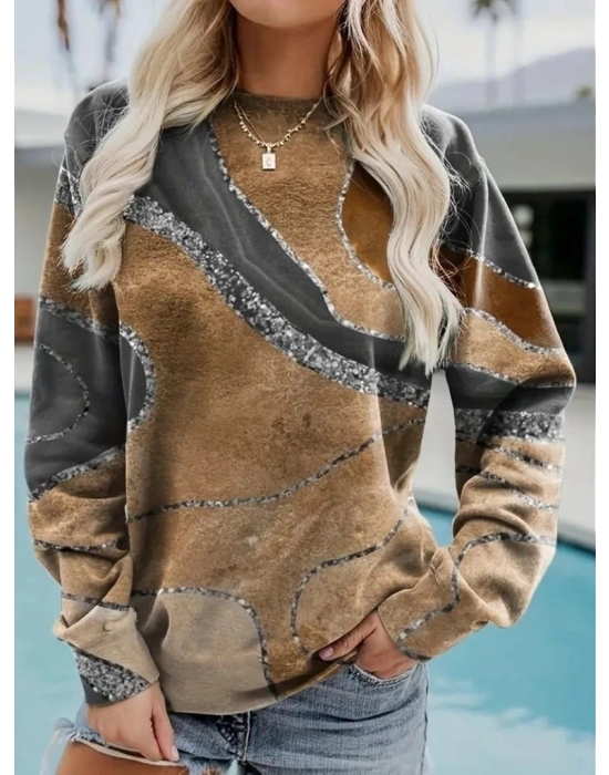 Kadın Uzun Kollu Bisiklet Yaka Desenli Modal Bluz