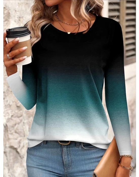 Kadın Uzun Kollu Bisiklet Yaka Desenli Süprem Bluz