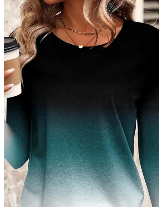 Kadın Uzun Kollu Bisiklet Yaka Desenli Süprem Bluz