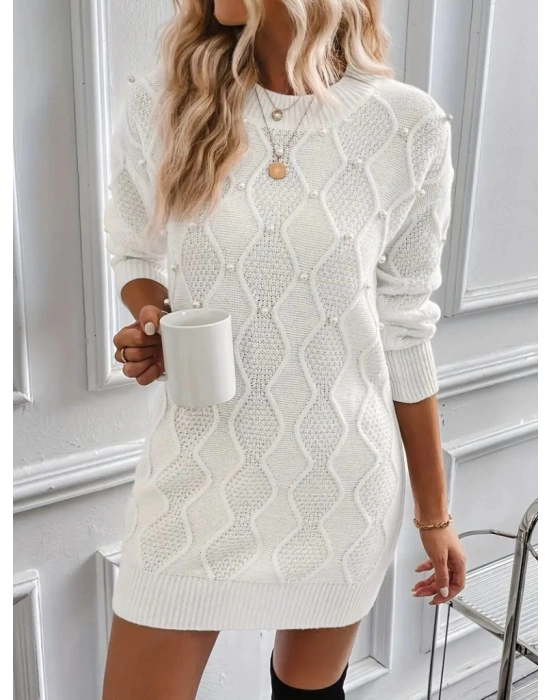 Kadın Uzun Kollu Bisiklet Yaka Desenli Triko Elbise