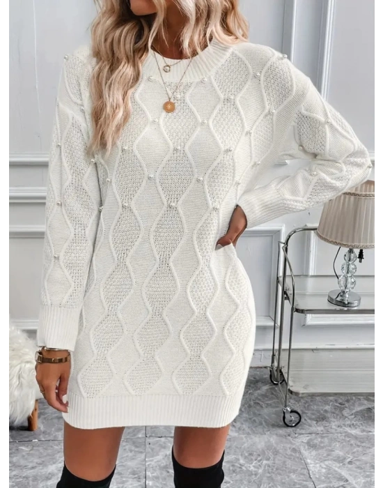 Kadın Uzun Kollu Bisiklet Yaka Desenli Triko Elbise