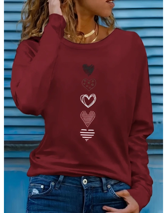 Kadın Uzun Kollu Bisiklet Yaka Desenli Viskon Bluz