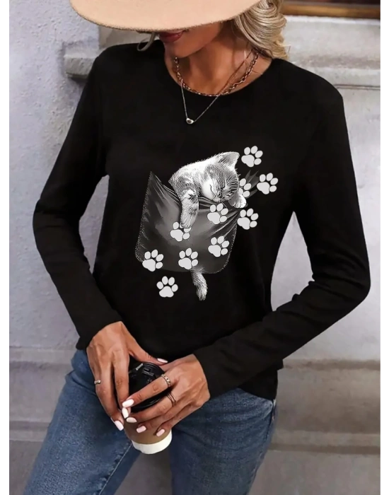 Kadın Uzun Kollu Bisiklet Yaka Desenli Viskon Bluz