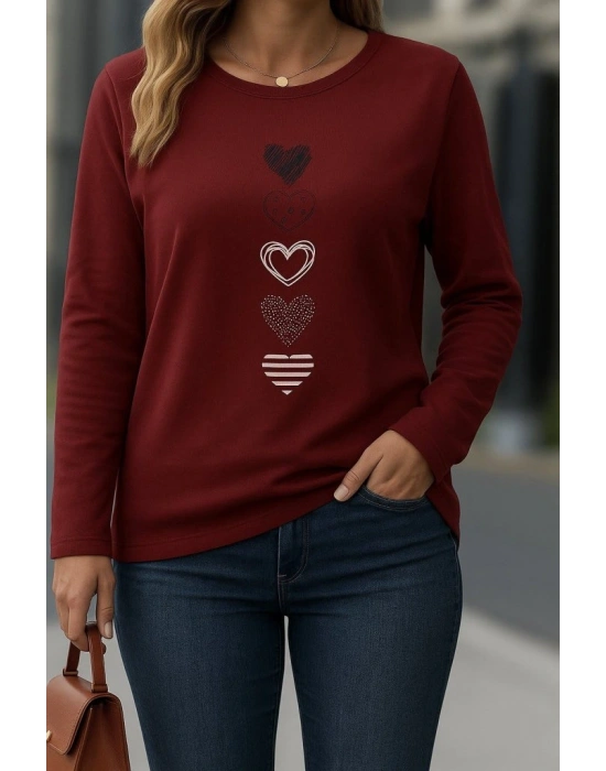 Kadın Uzun Kollu Bisiklet Yaka Desenli Viskon Bluz