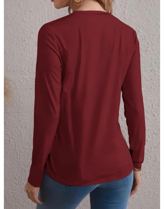 Kadın Uzun Kollu Bisiklet Yaka Desenli Viskon Bluz