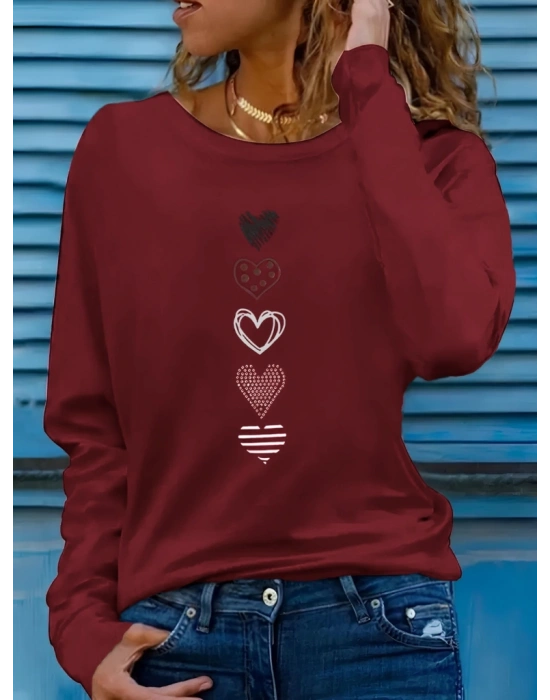 Kadın Uzun Kollu Bisiklet Yaka Desenli Viskon Bluz