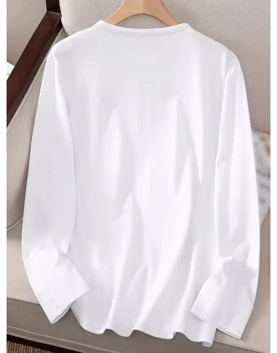 Kadın Uzun Kollu Bisiklet Yaka Desenli Viskon Bluz