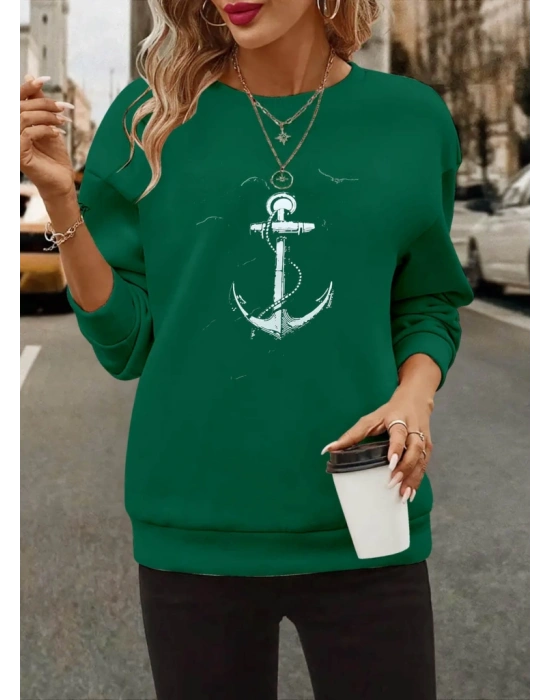 Kadın Uzun Kollu Bisiklet Yaka Desenli Viskon Iki Iplik Bluz