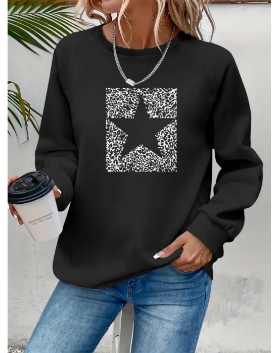 Kadın Uzun Kollu Bisiklet Yaka Desenli Viskon Iki Iplik Bluz