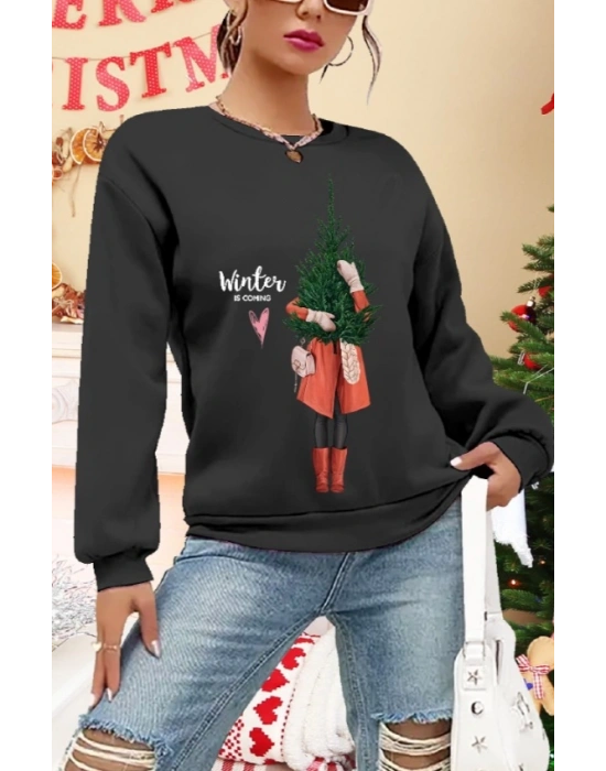 Kadın Uzun Kollu Bisiklet Yaka Desenli Viskon Iki Iplik Bluz