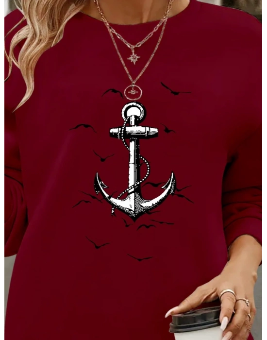 Kadın Uzun Kollu Bisiklet Yaka Desenli Viskon Iki Iplik Bluz