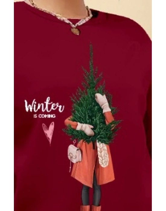 Kadın Uzun Kollu Bisiklet Yaka Desenli Viskon Iki Iplik Bluz