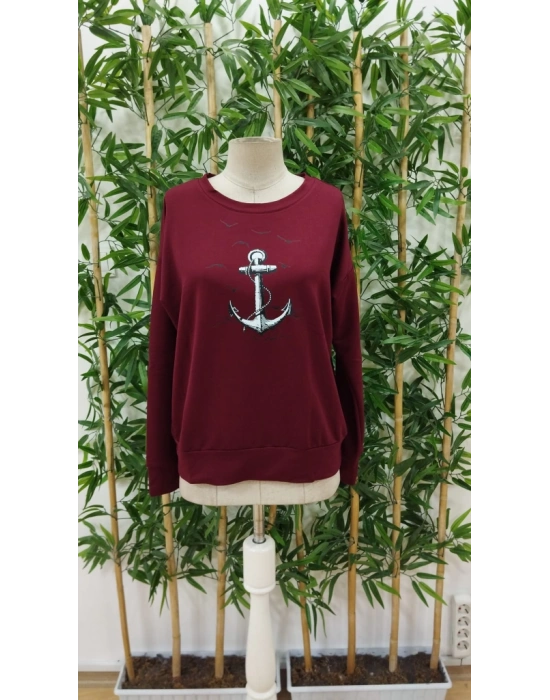 Kadın Uzun Kollu Bisiklet Yaka Desenli Viskon Iki Iplik Bluz