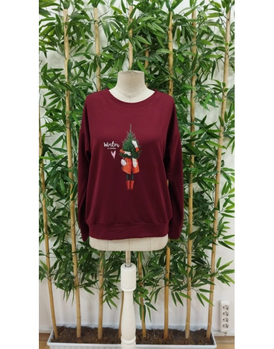 Kadın Uzun Kollu Bisiklet Yaka Desenli Viskon Iki Iplik Bluz