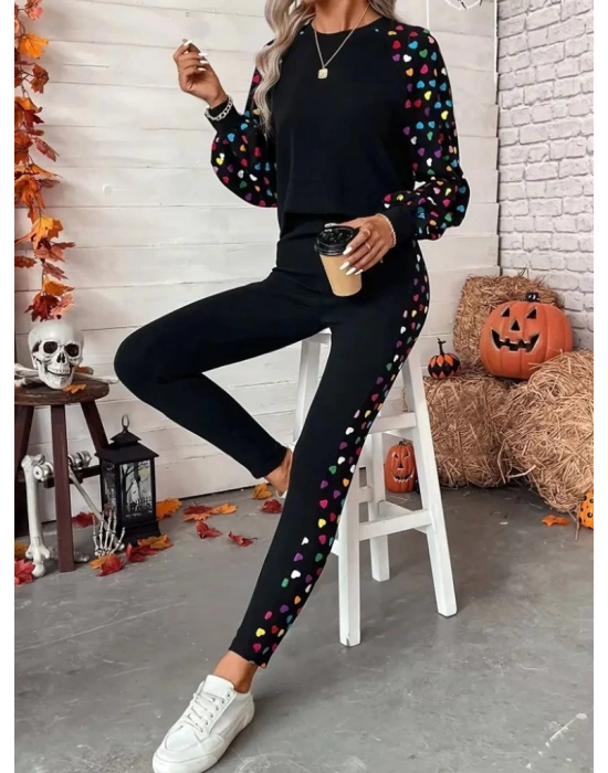 Kadın Uzun Kollu Bisiklet Yaka Desenli Viskon Iki Iplik Bluz Ve Pantolon Ikili Takım
