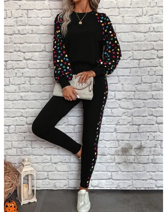 Kadın Uzun Kollu Bisiklet Yaka Desenli Viskon Iki Iplik Bluz Ve Pantolon Ikili Takım