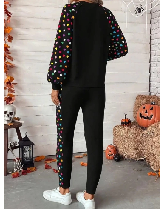 Kadın Uzun Kollu Bisiklet Yaka Desenli Viskon Iki Iplik Bluz Ve Pantolon Ikili Takım