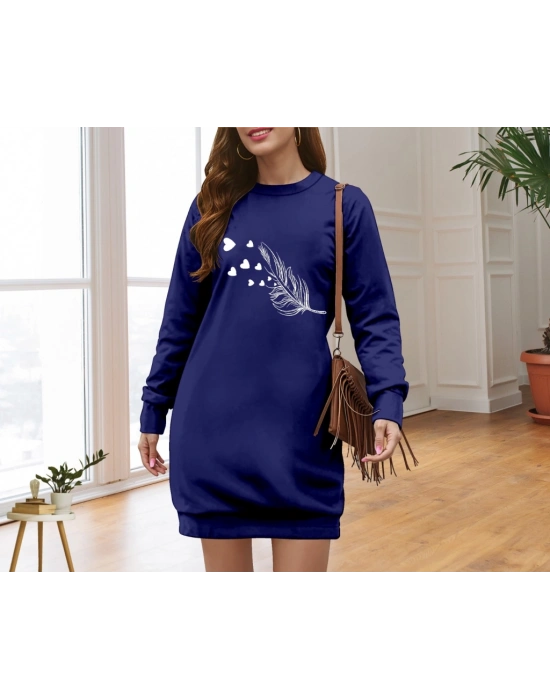 Kadın Uzun Kollu Bisiklet Yaka Desenli Viskon Iki Iplik Elbise