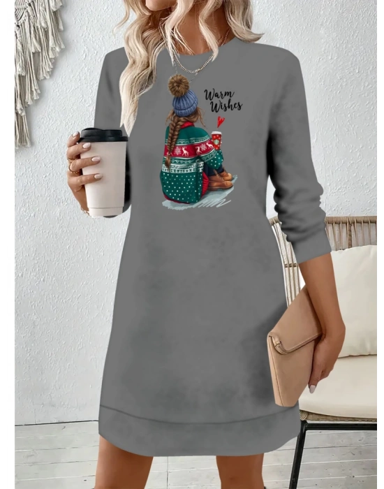 Kadın Uzun Kollu Bisiklet Yaka Desenli Viskon Iki Iplik Elbise