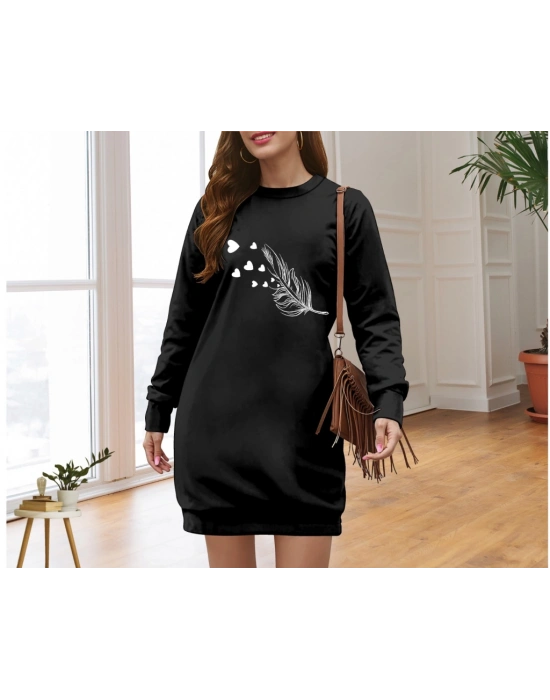 Kadın Uzun Kollu Bisiklet Yaka Desenli Viskon Iki Iplik Elbise