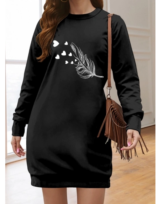 Kadın Uzun Kollu Bisiklet Yaka Desenli Viskon Iki Iplik Elbise