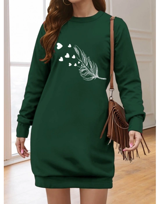 Kadın Uzun Kollu Bisiklet Yaka Desenli Viskon Iki Iplik Elbise