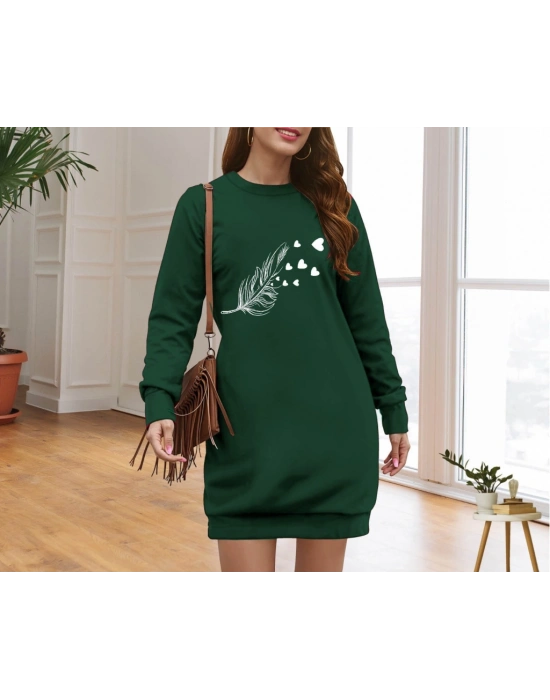 Kadın Uzun Kollu Bisiklet Yaka Desenli Viskon Iki Iplik Elbise