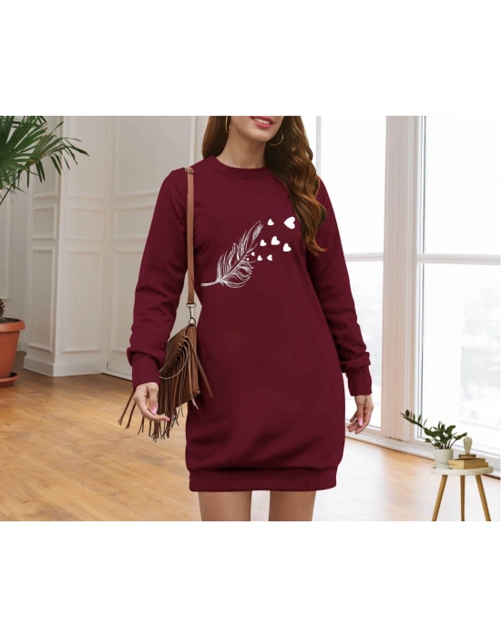 Kadın Uzun Kollu Bisiklet Yaka Desenli Viskon Iki Iplik Elbise