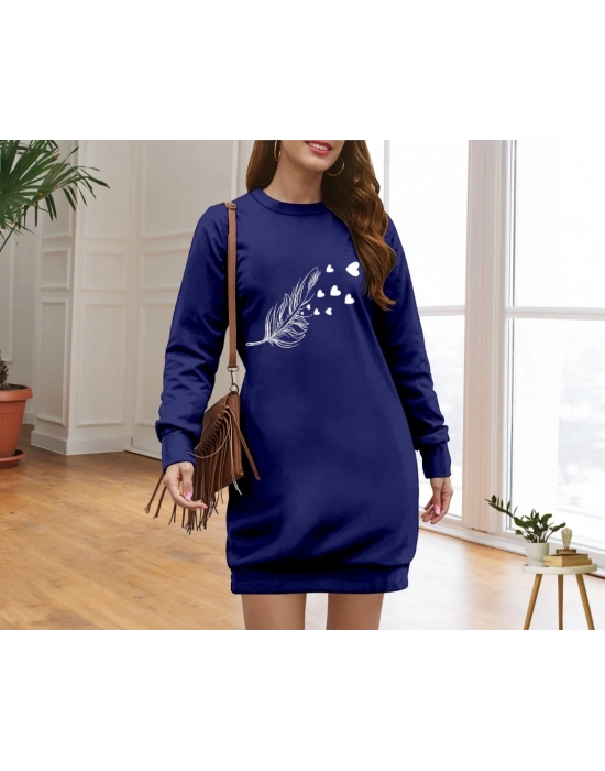 Kadın Uzun Kollu Bisiklet Yaka Desenli Viskon Iki Iplik Elbise