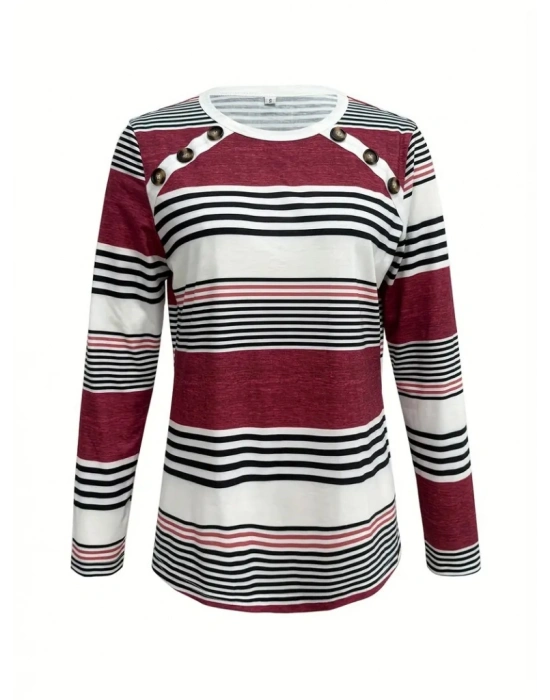 Kadın Uzun Kollu Bisiklet Yaka Düğme Detaylı Desenli Süprem Bluz